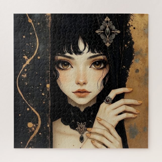 Quebra-cabeça Menina de Anime Gótico Preto e Dourado (Vertical)