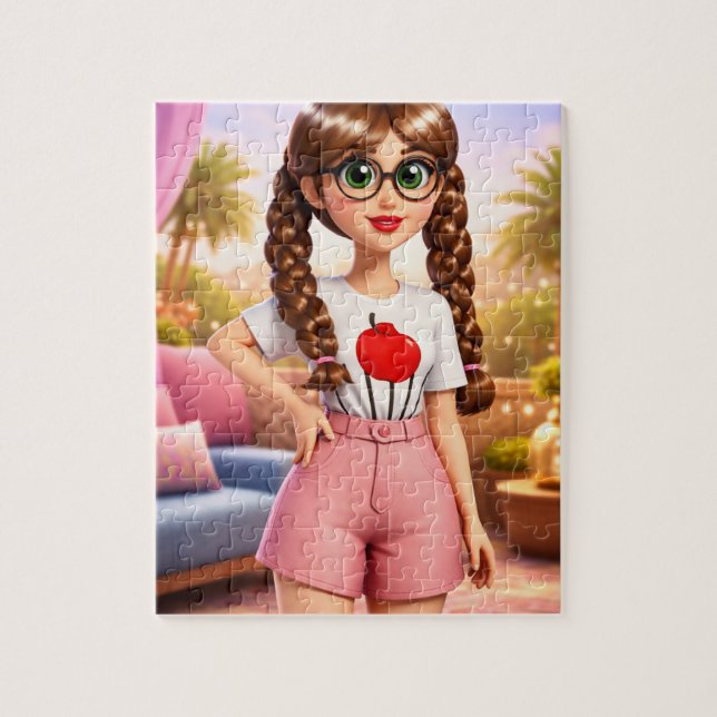 Quebra-cabeça Menina de Desenho Animado Estilizada com Tranças e (Vertical)