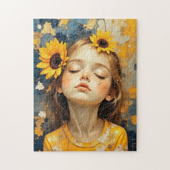 Quebra-cabeça menina girassol pintada (Vertical)