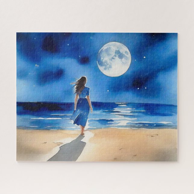 Quebra-cabeça Menina na praia debaixo de uma lua cheia (Horizontal)