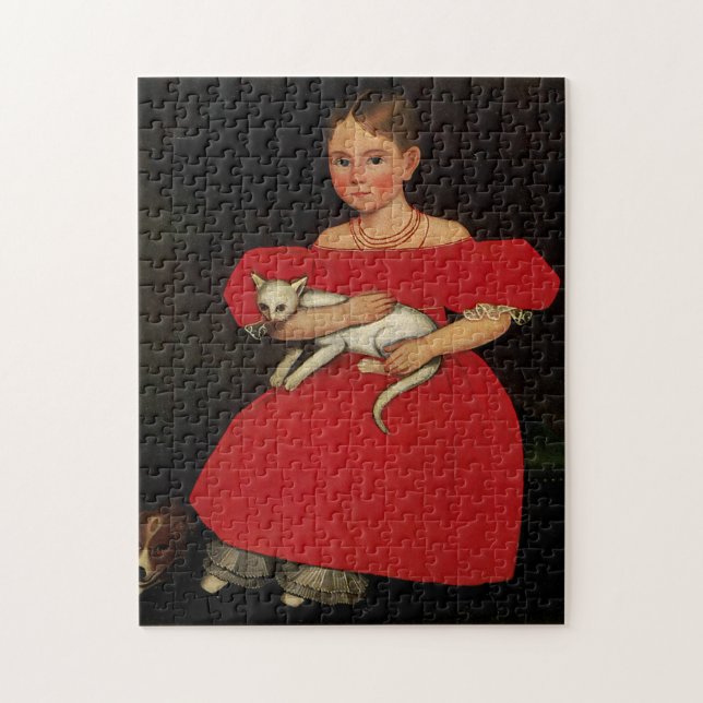 Quebra-cabeça Menina no vermelho com seus gato e cão (Vertical)