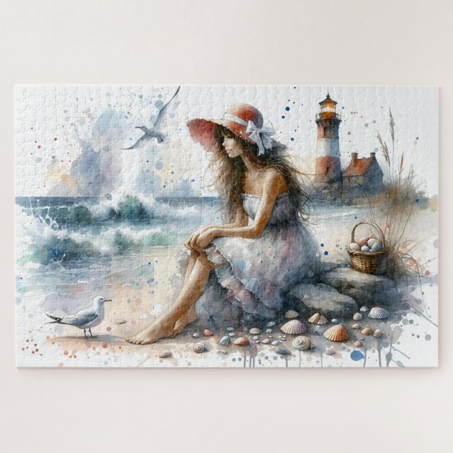 Quebra-cabeça Menina Romântica em Aquarela pelo Farol (Horizontal)