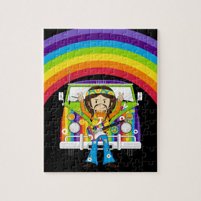 Quebra-cabeça Menino do Hippie com guitarra & campista Van (Vertical)