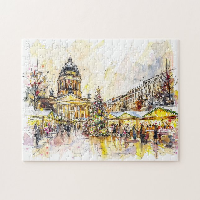 Quebra-cabeça Mercado de Natal Berlim Gendarmenmarkt em Aquarela (Horizontal)