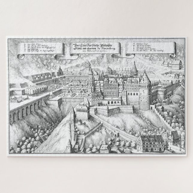 Quebra-cabeça MERIAN: Castelo de Heidelberg e jardins reais 1620 (Horizontal)