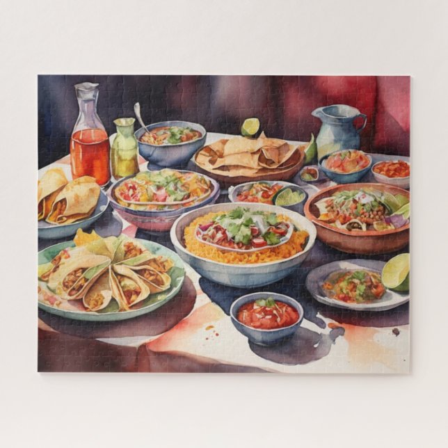 Quebra-cabeça Mesa De Aquarelas Da Comida Mexicana (Horizontal)