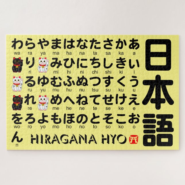 Quebra-cabeça Mesa de Hiragana japonesa (Gato Sortudo) (Horizontal)