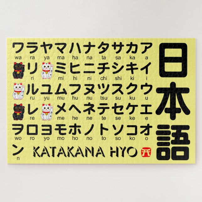 Quebra-cabeça Mesa Katakana Japonesa (Gato Sortudo) (Horizontal)