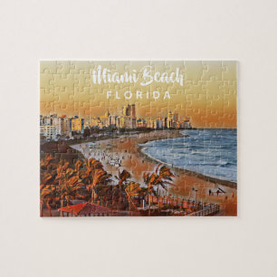 Quebra-cabeça Miami Beach Flórida Vintage Watercolor Art 