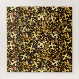 Quebra-cabeça Miçangas Negra e Dourada Fleur de Lis e Futebol