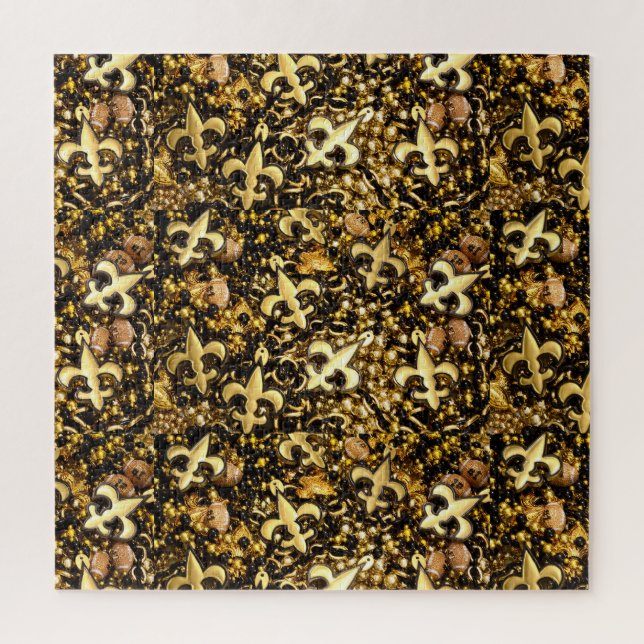 Quebra-cabeça Miçangas Negra e Dourada Fleur de Lis e Futebol (Vertical)