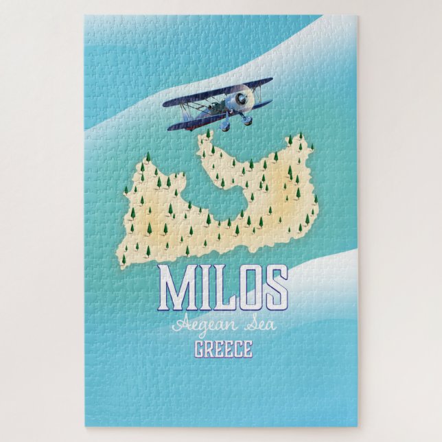 Quebra-cabeça Milos, poster de viagens de mapa da ilha grega. (Vertical)