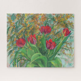Quebra-cabeça Mimosa e Tulipas, Flores de primavera, Pintura Flo