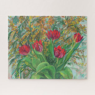 Quebra-cabeça Mimosa e Tulipas, Flores de primavera, Pintura Flo