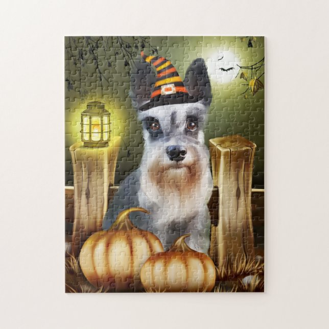 Quebra-cabeça Miniatura Cachorro Schnauzer com Bruxo Hat Hallowe (Vertical)