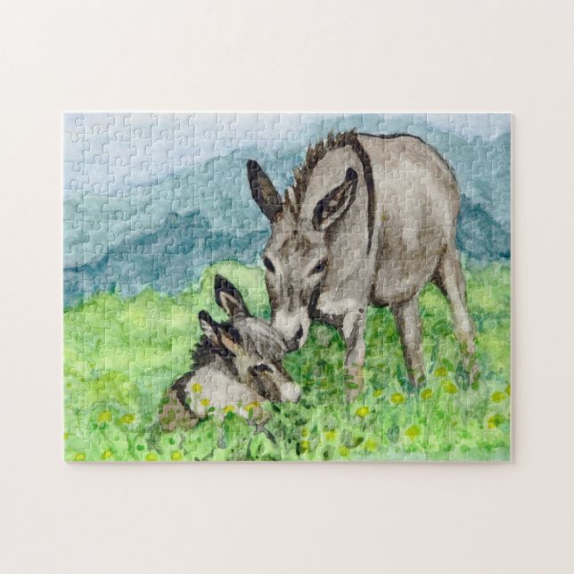 Quebra-cabeça Miniatura Donkey Mamãe e Baby Watercolor Art (Horizontal)