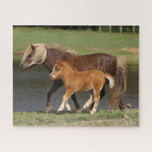Quebra-cabeça Miniatura Mare e Foal Andando pelo lago