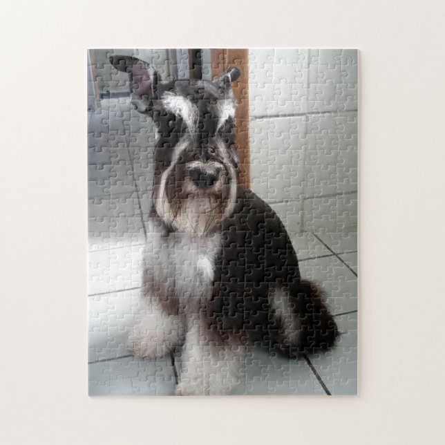Quebra-cabeça Miniatura Schnauzer Sentado Preto e Prateado (Vertical)