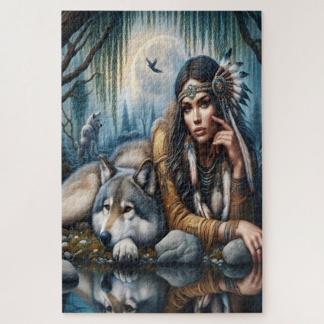 Quebra-cabeça Mística Uma Mulher Americana Nativa Com Lobos (Vertical)