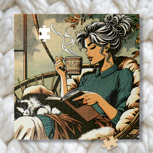 Quebra-cabeça Moça Louca Lendo com Café e Gato