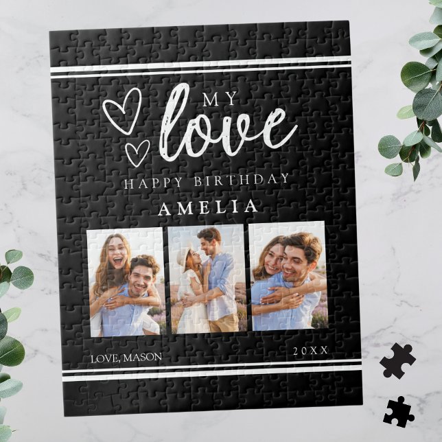 Quebra-cabeça Modern Black Happy Birthday Photo Collage (Modern Black Happy Birthday Photo Collage Jigsaw Puzzle for Her)