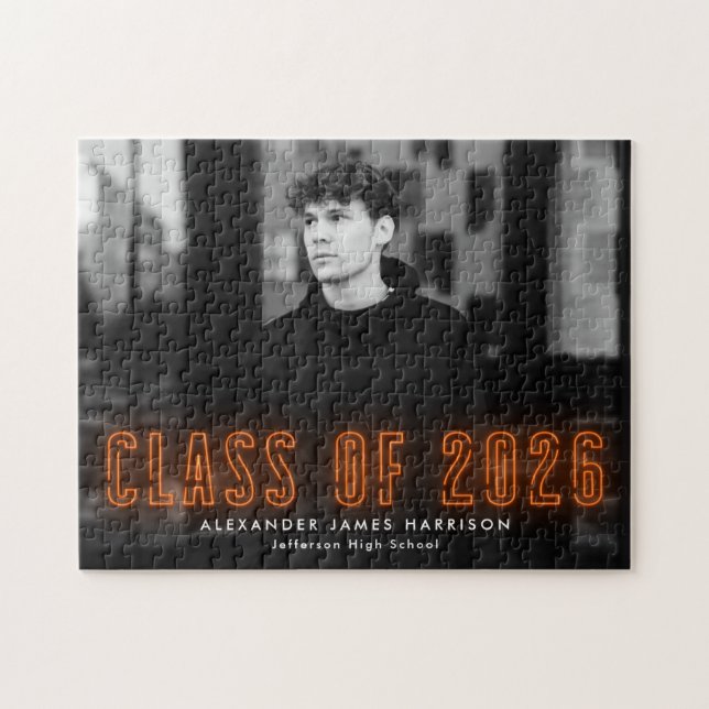 Quebra-cabeça Modern Orange Neon Classe de Graduação 2025 Foto (Horizontal)
