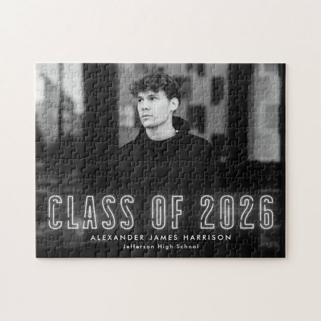 Quebra-cabeça Modern White Neon Class of 2025 Graduation Photo (Horizontal)