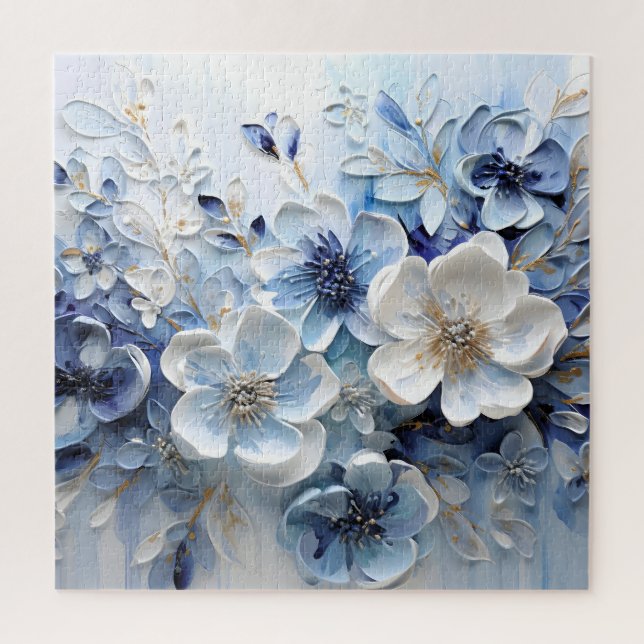 Quebra-cabeça Moderno Botânico Floral Azul Branco Elegante (Vertical)