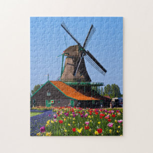 Quebra-cabeça Moinho de Vento Holanda Jardim de Tulipas Europa Q