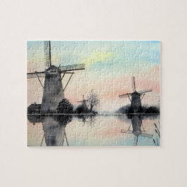 Quebra-cabeça Moinhos de vento em Dawn Kinderdijk Holland Painti