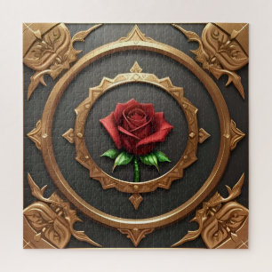 Quebra-cabeça Moldura Dourada Intrincada com Rosa Vermelha