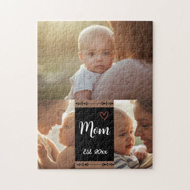 Quebra-cabeça Mom Established Modern Script Black 3 Photo Jigsaw (Vertical)