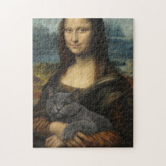 Quebra-cabeça Mona Lisa segurando um gato cinza elegante