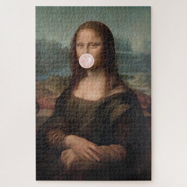 Quebra-cabeça Mona Lisa soprando chiclete rosa (Vertical)