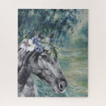 Quebra-cabeça Monet Morning Seine e Compilação de Cavalo Negro<br><div class="desc">A bela e artística quebra-cabeça mostra a Manhã de Claude Monet no Sena como fundo com retrato de cavalo preto com camada de coroa floral de aquarela.</div>
