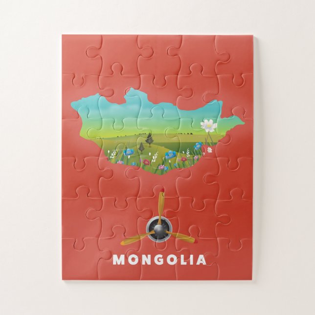 Quebra-cabeça Mongólia - poster de turismo cartográfico ilustrad (Vertical)