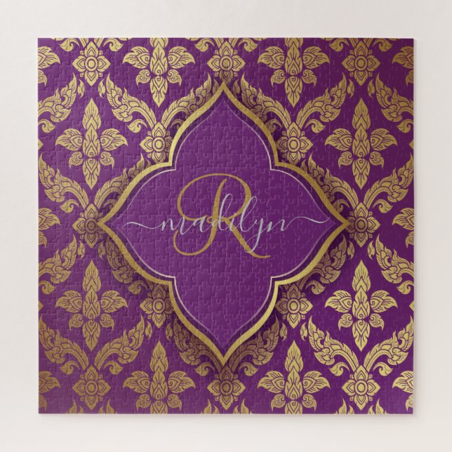 Quebra-cabeça Monograma da Fleur Dourada Roxo (Vertical)