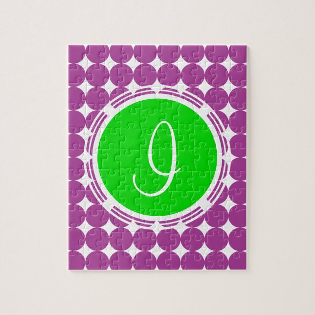 Quebra-cabeça Monograma de Bolinhas Verde e Roxo (Vertical)