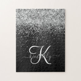 Quebra-cabeça Monograma do Sparkle Preto com Glitter de Prata Pe