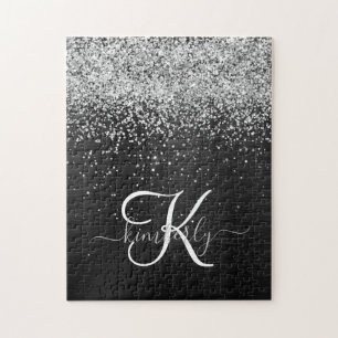 Quebra-cabeça Monograma do Sparkle Preto com Glitter de Prata Pe