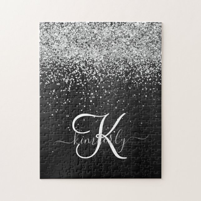 Quebra-cabeça Monograma do Sparkle Preto com Glitter de Prata Pe (Vertical)