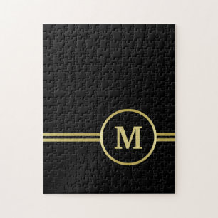 Quebra-cabeça Monograma personalizado de ouro elegante a preto