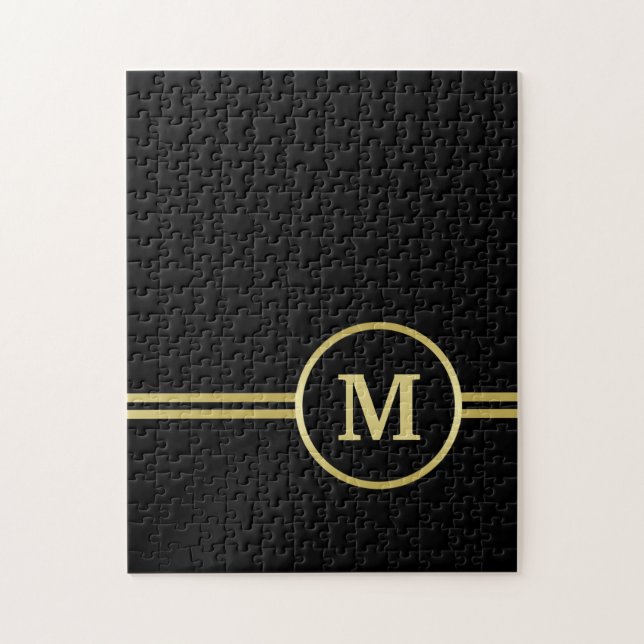 Quebra-cabeça Monograma personalizado de ouro elegante a preto (Vertical)
