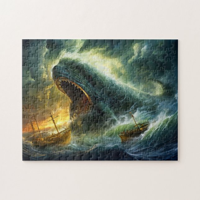 Quebra-cabeça Monstro Marinho Emergindo das Ondas Pintura Fantas (Horizontal)