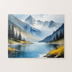 Quebra-cabeça Montanhas com capa de neve e um lago