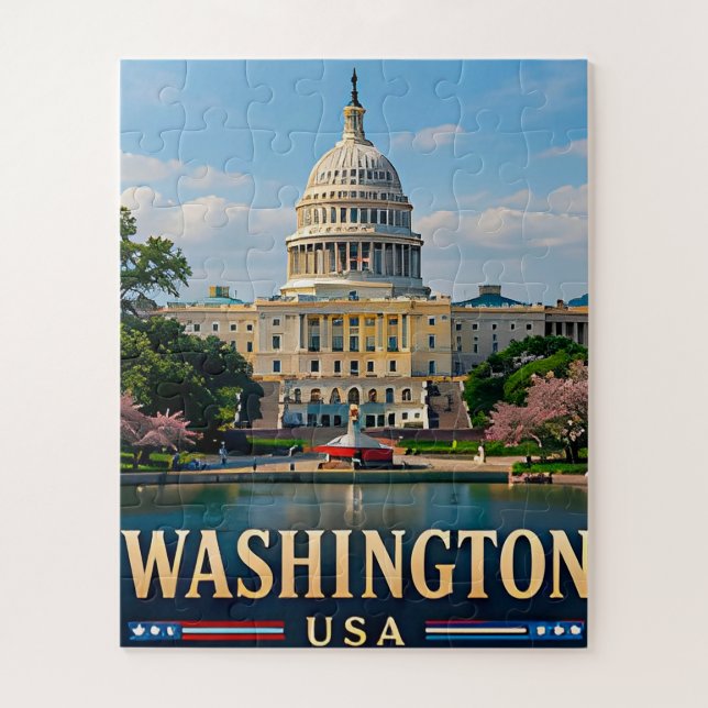Quebra-cabeça Monumento a Washington e Ícones Americanos (Vertical)