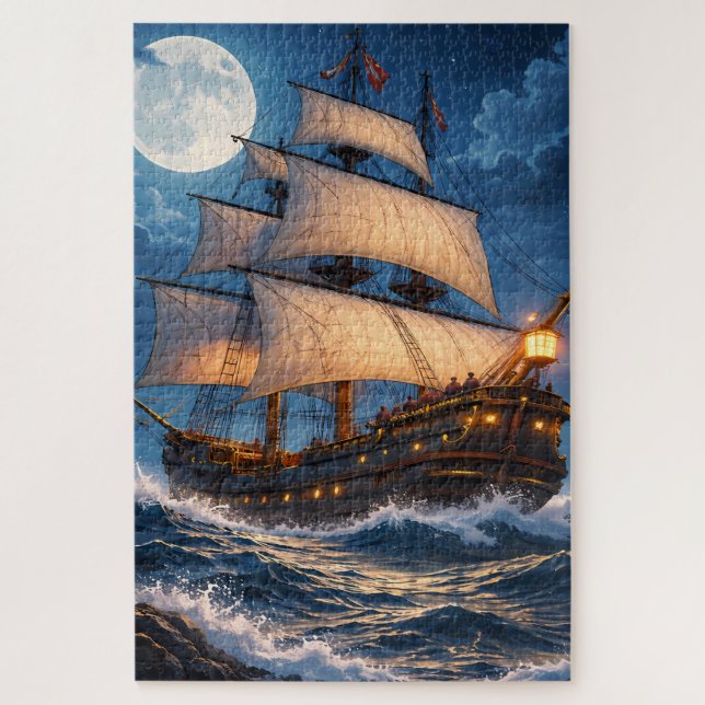 Quebra-cabeça Moonlight Ship Puzzle – Ocean Night Jigsaw (Vertical)