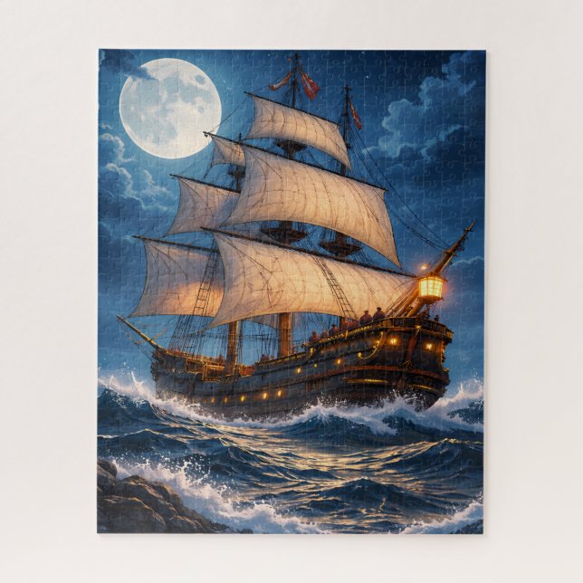 Quebra-cabeça Moonlight Ship Puzzle – Ocean Night Jigsaw (Vertical)