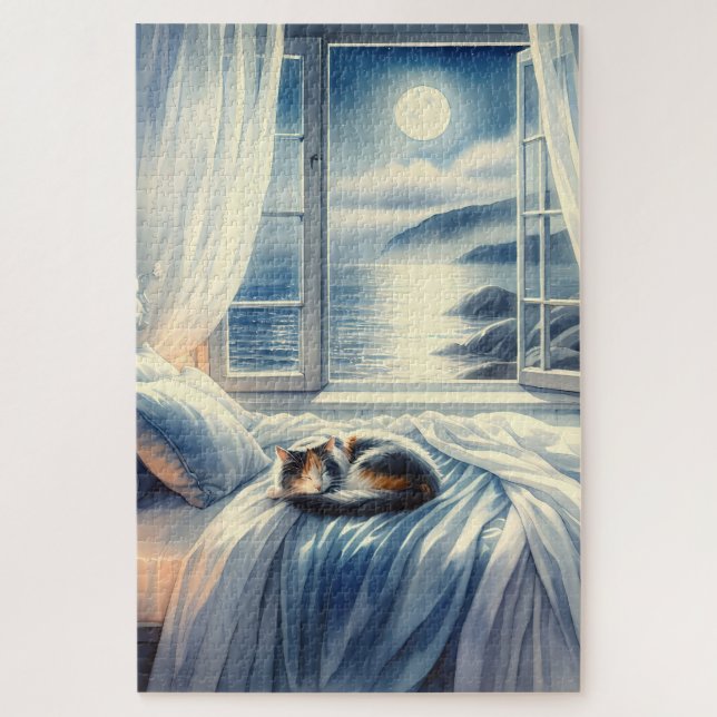 Quebra-cabeça Moonlit Coastal Bedroom with Sleeping Cat (Vertical)
