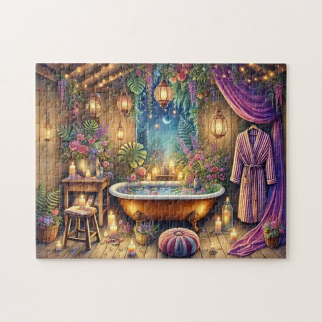 Quebra-cabeça Moonlit Spa Bath Enchanted Night Garden Retreat (Horizontal)